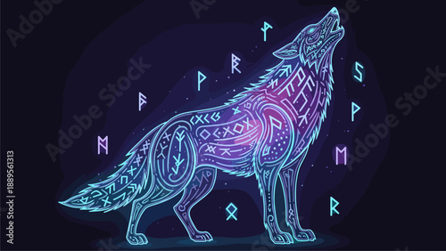Mystical Howling Wolf with Runes on Dark Background