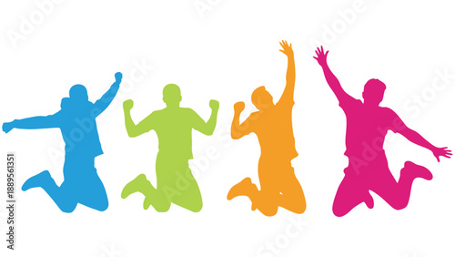 Four colorful silhouettes of people jumping in the air with joy and excitement