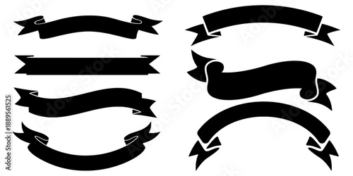 Black ribbon banners set, six vector silhouettes for labels, badges and headlines. Clean vintage editable shapes ideal for logos, retro designs, packaging and web icons, transparent PNG.