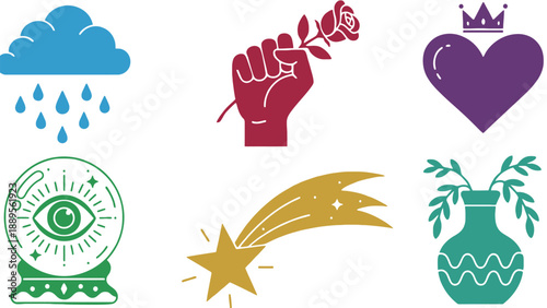 A colorful illustration of various symbolic objects on a white background