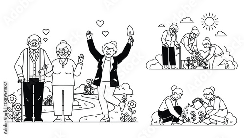 Happy senior people gardening together in a beautiful sunny garden