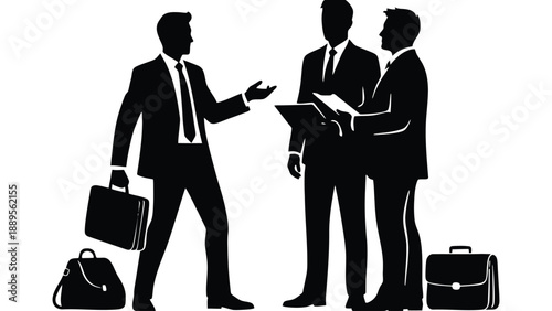 Three businessmen in suits discussing and planning with briefcases and documents