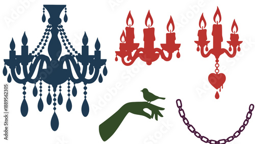A collection of elegant chandelier silhouettes with decorative chains and a bird