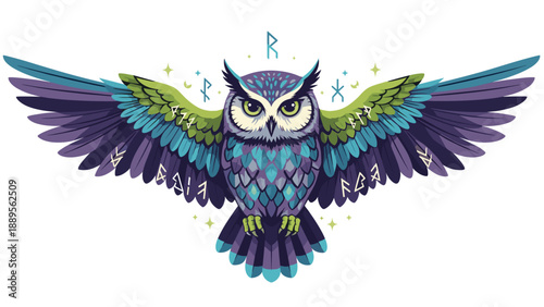Colorful Owl Illustration with Runes and Stars