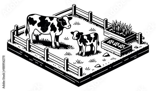 Isometric line art farm scene set featuring a cow, calf, and garden beds within a fenced pasture for agriculture and livestock farming