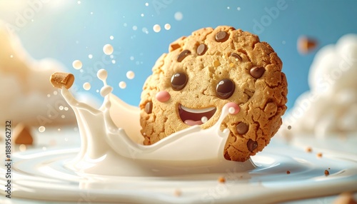 Delicious chocolate chip cookie splashing in milk with cheerful expression.
