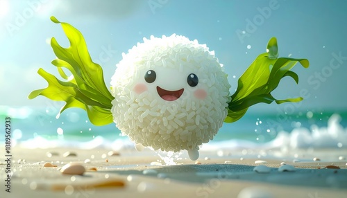 A cartoon sushi roll with seaweed wings on a beach.