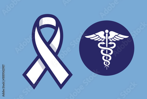Awareness Ribbon and Medical Caduceus Symbol on Blue Background