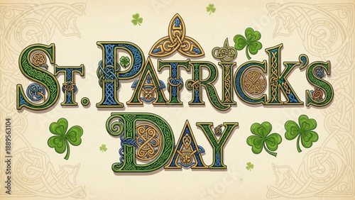 St Patricks Day lettering with Celtic knot details and shamrocks traditional Irish holiday greeting for festive design isolated on textured background