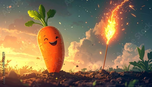 Happy cartoon carrot character standing near a lit sparkler on a sunny day.