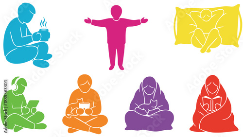 A group of people in various relaxing poses and activities at home