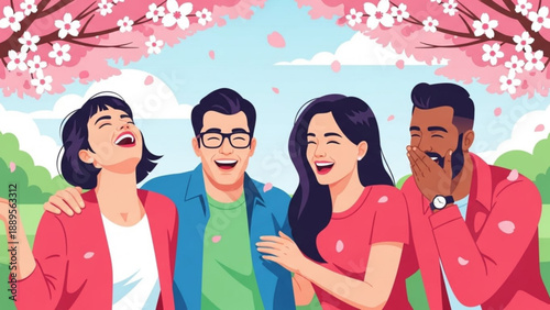 Diverse group of friends laughing joyfully under blooming cherry blossom trees celebrating spring and friendship flat vector illustration for lifestyle concepts