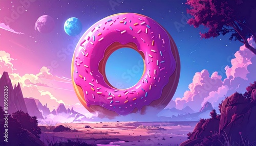 A giant pink frosted donut with sprinkles floating in a fantastical landscape.