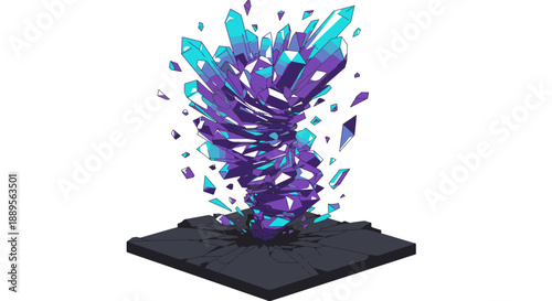 Dynamic abstract illustration of vibrant purple and cyan crystal shards erupting from a dark, fractured geometric surface, symbolizing energy.