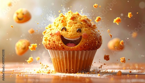 A smiling muffin with a joyful expression surrounded by exploding crumbs and smiley faces.