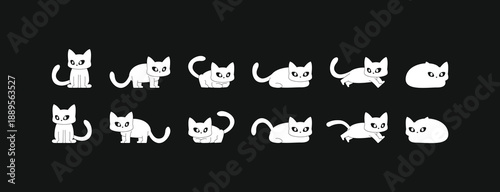 White cat vector character set with various poses and icons isolated on black background