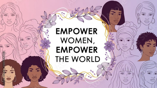 Diverse womens faces illustration with Empower Women Empower the World text celebrating female strength and unity for social causes and campaigns