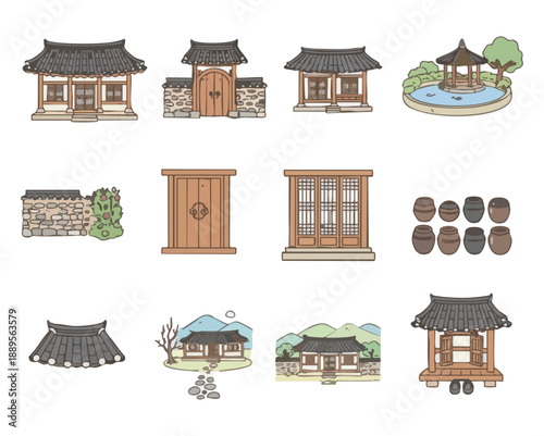 Korean traditional house Hanok village pavilion and jar architecture illustration