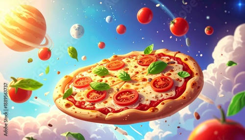 A delicious pizza floating in a vibrant cosmic scene with planets and tomatoes.