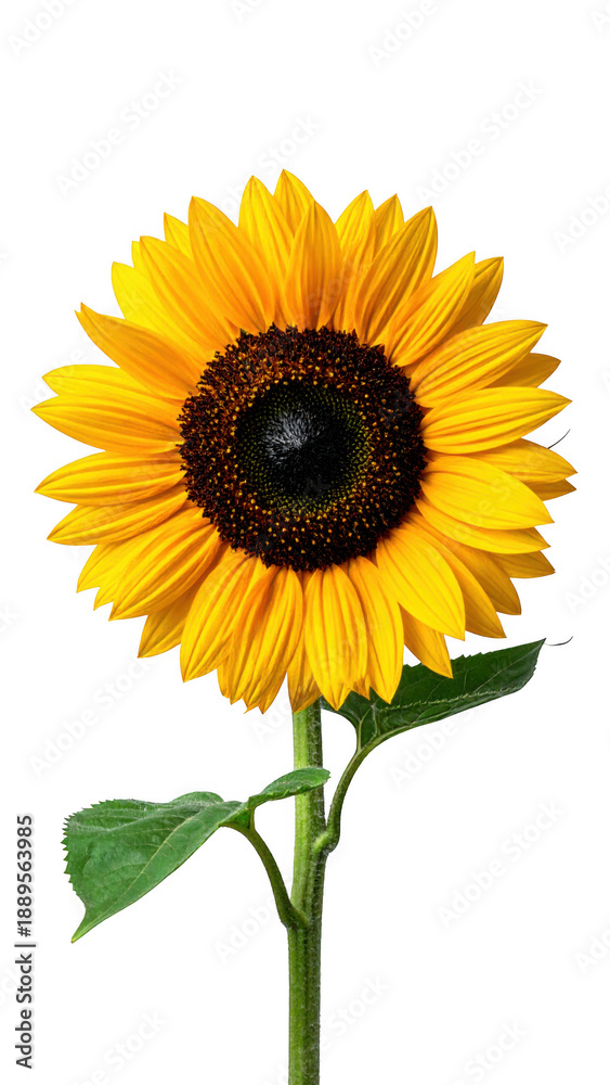 Fototapeta premium Bright yellow sunflower with green stem and leaves in full bloom. Isolated on transparent background.
