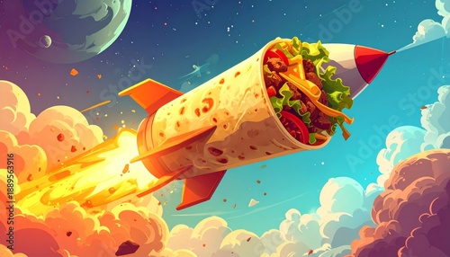 Vibrant Burrito Rocket Soaring Through the Cosmos with Flames and Clouds.