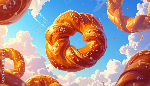 Golden Pretzels Floating in the Sky with Cloudy Background.