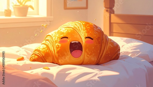 A cartoon croissant yawning on a bed in a bright room.