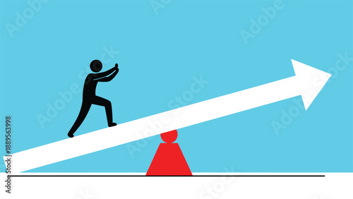 Silhouette stick figure person stands on a giant white arrow acting as a seesaw balanced on a red triangle base.