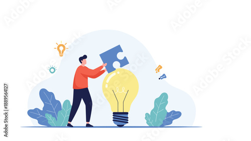 Creative individual placing a puzzle piece into a large light bulb to complete an idea representing problem solving and innovation in business.