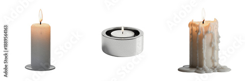 Tableau sur toile Set of burning wax candles including a pillar candle, tealight, and melting dripping candle isolated on white background