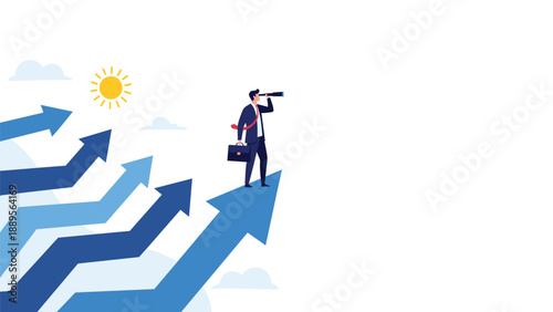 Visionary businessman standing on a rising blue arrow and looking through a telescope to forecast market trends and future opportunities for growth.