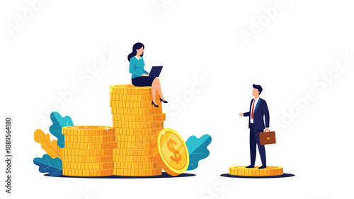 Woman sitting on a high stack of gold coins working on a laptop while a man stands on a single coin representing wealth inequality and gender gap.
