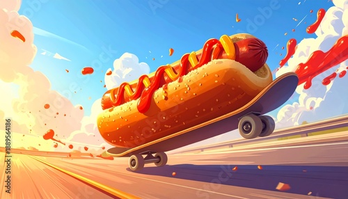 Vibrant Hot Dog on Skateboard Flying Down the Road.