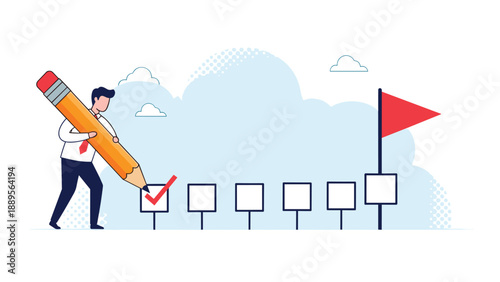 Determined businessman holding a massive yellow pencil and checking a box on a list representing task completion and organized project management.