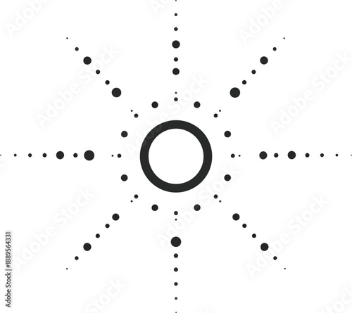 Black and white abstract radial design with a central ring and radiating dots