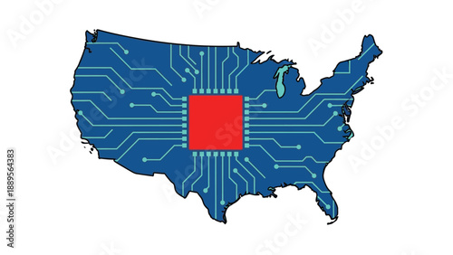 A map of the United States with a circuit board design and a red microchip