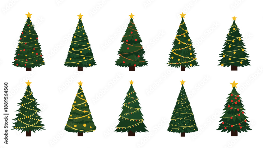 Obraz premium Collection of ten various green Christmas trees decorated with colorful lights and ornaments representing festive holiday celebrations and joy.