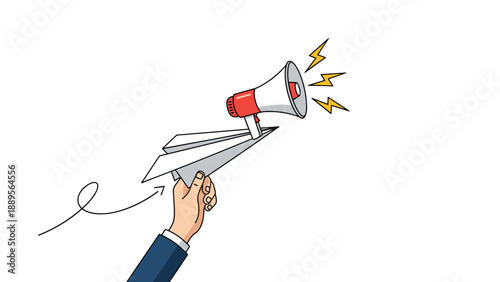 Human hand launching a white paper plane with a red and white megaphone attached to it representing a strong message and rapid outreach.