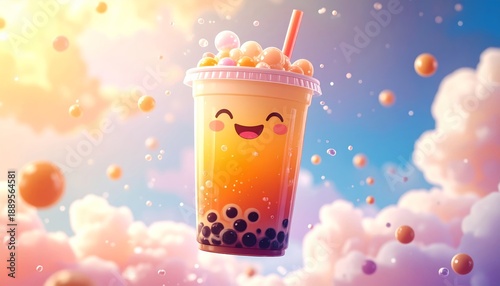 A cheerful bubble tea cup with a smiling face surrounded by floating bubbles and clouds.
