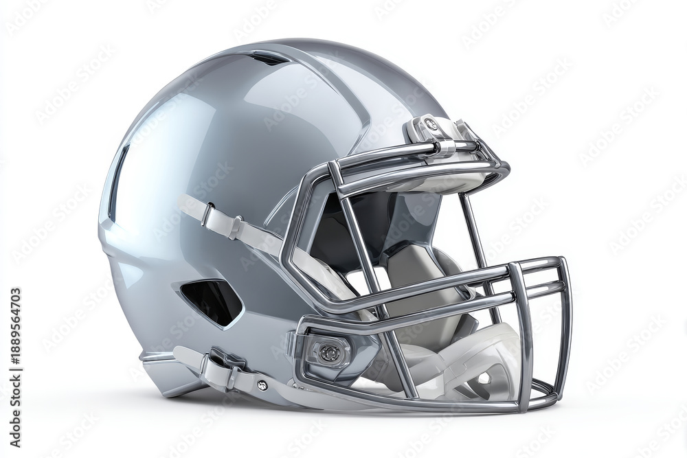 Fototapeta premium Silver football helmet metal faceguard sport equipment protection gear safety helmet glossy finish modern design isolated closeup object