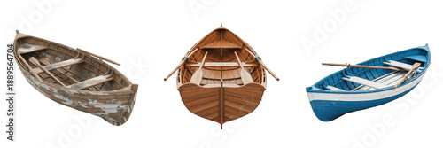 Set of traditional wooden rowboats and blue fishing boat with oars isolated on white background.