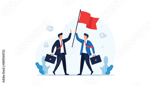 Two business partners celebrating a victory with a high five while one holds a red flag high in the air for achievement.
