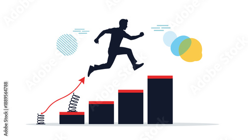 Energetic silhouette of a man jumping over the rising bars of a black bar chart with the help of a red spring for growth.