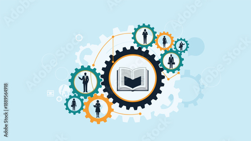 Central open book icon connected to a series of gears containing different business professional silhouettes for education.
