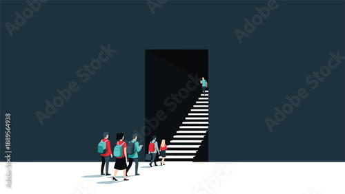 Group of students carrying backpacks walk toward a dark doorway which leads to a bright white staircase and a bright exit.