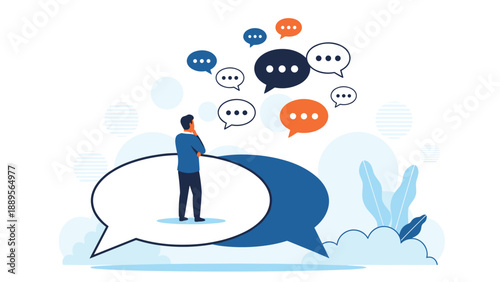 Man stands pensively looking up at a variety of different speech bubbles containing ellipsis icons to represent thought.