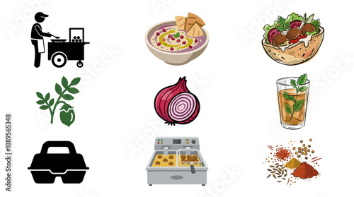 Falafel street food vector set. Middle eastern cuisine collection with vendor cart, hummus bowl, pita wrap, ingredients, deep fryer and takeaway box isolated on white.