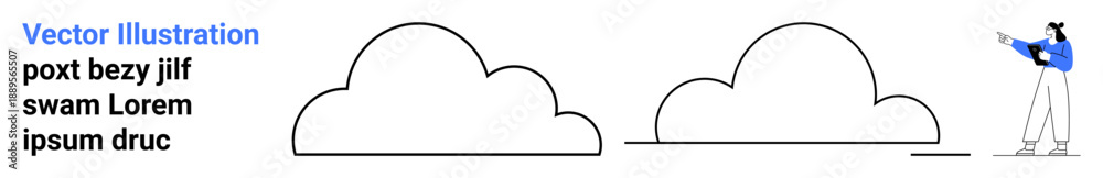 Obraz premium Simplistic design with a character pointing at two abstract cloud forms. Ideal for innovation, brainstorming, creativity, teamwork, cloud computing, technology, or a simple landing page