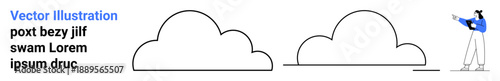 Simplistic design with a character pointing at two abstract cloud forms. Ideal for innovation, brainstorming, creativity, teamwork, cloud computing, technology, or a simple landing page