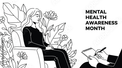 A woman sitting in a chair talking to a therapist during Mental Health Awareness Month